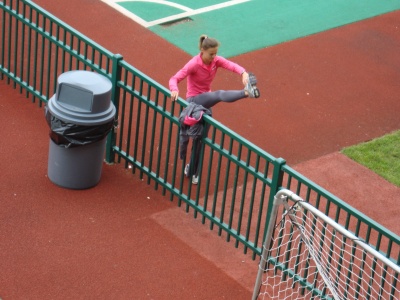 Here's Kristin Wurth-Thomas doing some dynamic stretches.